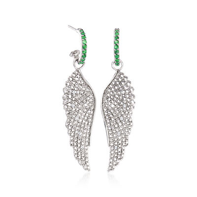 .30 ct. t.w. Emerald and .10 ct. t.w. Diamond Removable Angel Wing Drop Earrings in Sterling Silver