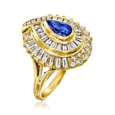 C. 1980 Vintage 1.25 Carat Sapphire and 2.30 ct. t.w. Diamond Cocktail Ring in 18kt Yellow Gold