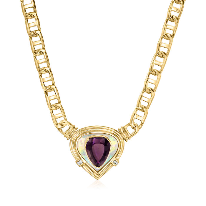 C. 1980 Vintage 8.20 Carat Amethyst and Mother-of-Pearl Necklace with .25 ct. t.w. Diamonds in 14kt Yellow Gold