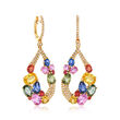 9.20 ct. t.w. Multicolored Sapphire and .42 ct. t.w. Diamond Teardrop Earrings in 18kt Yellow Gold