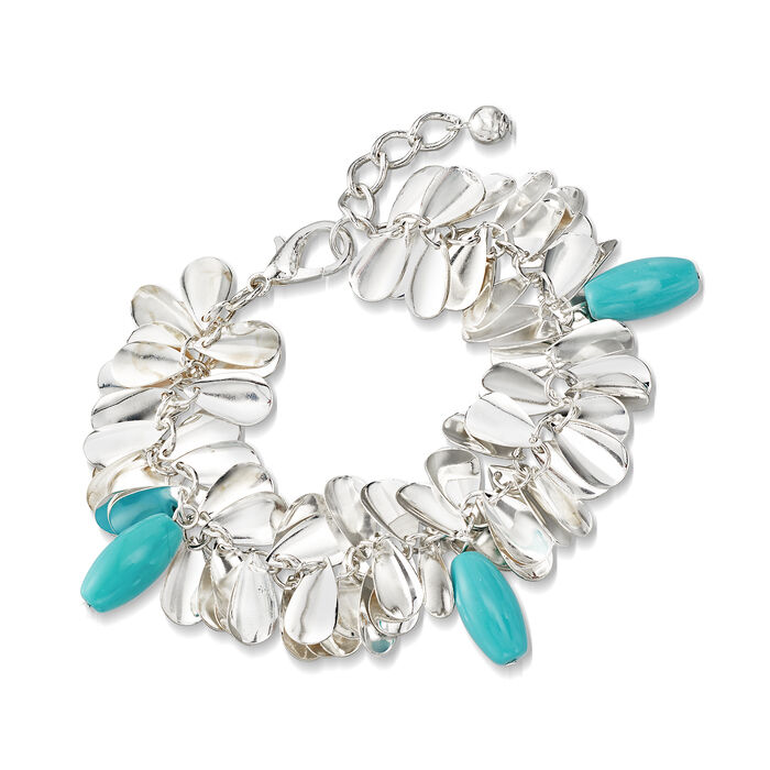 Turquoise-Blue Glass Bead Leaf Bracelet in Silvertone