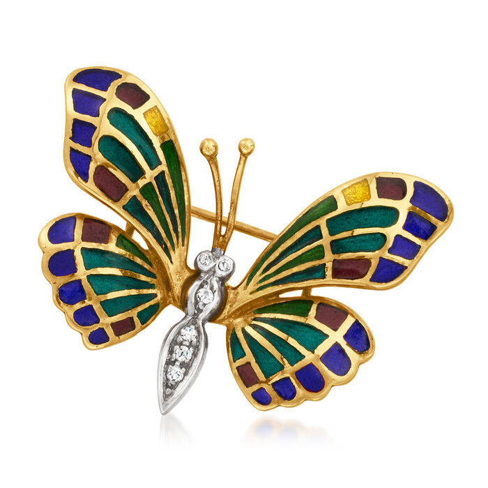 C. 1950 Vintage Multicolored Enamel Butterfly Pin with Diamond Accents in 14kt Two-Tone Gold