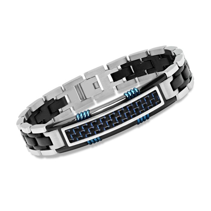 Men's Black and Blue Stainless Steel ID Bracelet with Black and Blue Carbon Fiber