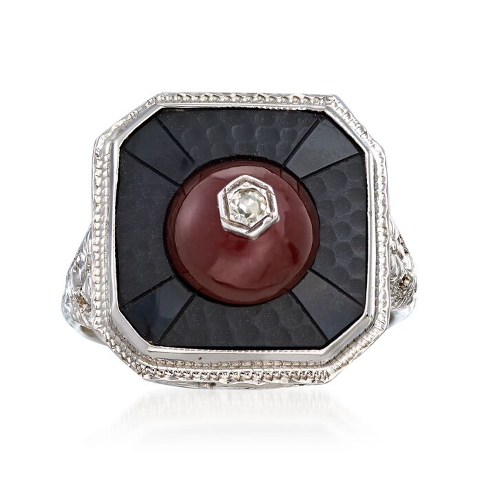 C. 1950 Vintage Black Onyx and Carnelian Ring with Diamond Accents in 18kt White Gold