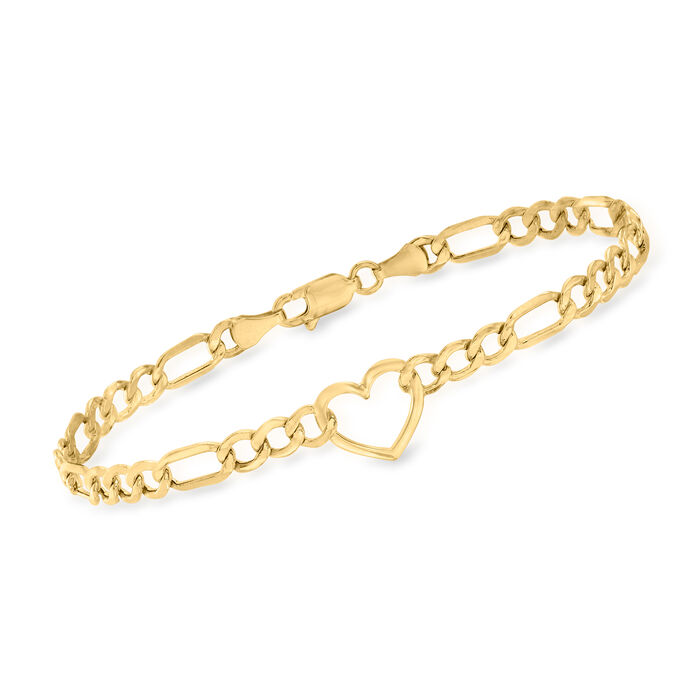 14kt Yellow Gold Figaro-Link Heart Station Bracelet