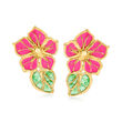 Italian Pink and Green Enamel Flower Earrings in 14kt Yellow Gold
