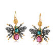 C. 1980 Vintage 3.30 ct. t.w. Multicolored Tourmaline and .30 ct. t.w. Diamond Bee Drop Earrings in Two-Tone Sterling Silver