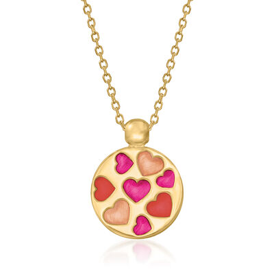 Italian Red and Pink Enamel Heart Pendant Necklace in 14kt Yellow Gold