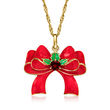 .40 Carat Garnet and Multicolored Enamel Bow Pendant Necklace in 18kt Yellow Gold Over Sterling