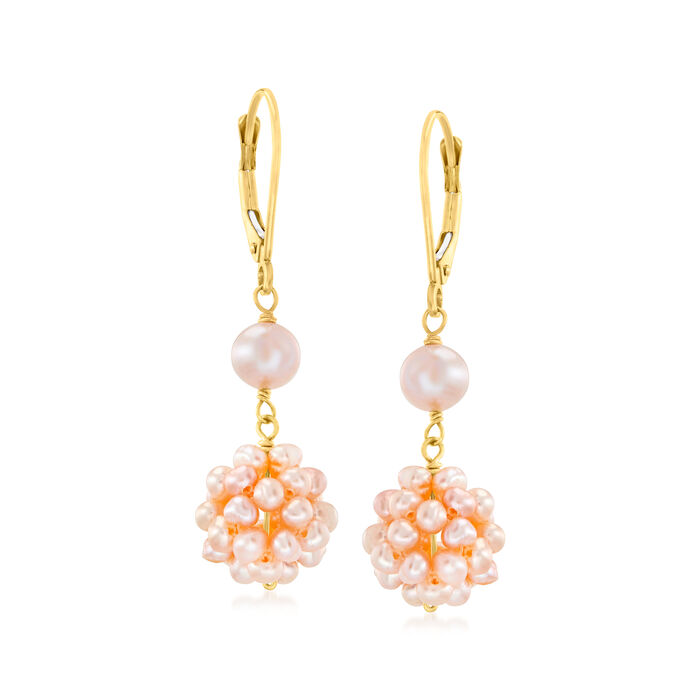 2-5.5mm Pink Cultured Pearl Cluster Drop Earrings in 14kt Yellow Gold