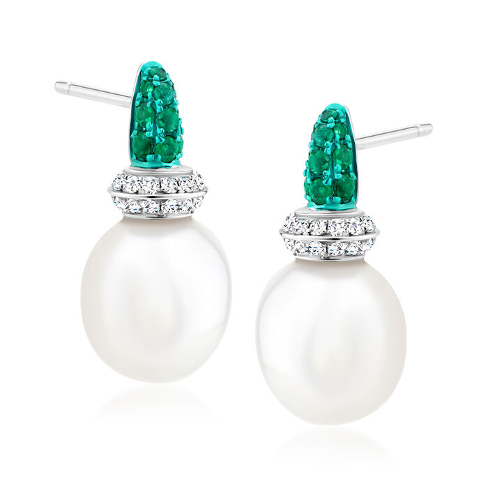 10mm Cultured South Sea Pearl Earrings with .40 ct. t.w. Emeralds and .25 ct. t.w. Diamonds in 18kt White Gold