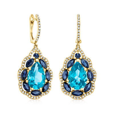 6.25 ct. t.w. Swiss Blue Topaz and .30 ct. t.w. Sapphire Drop Earrings with .45 ct. t.w. Diamonds in 14kt Yellow Gold