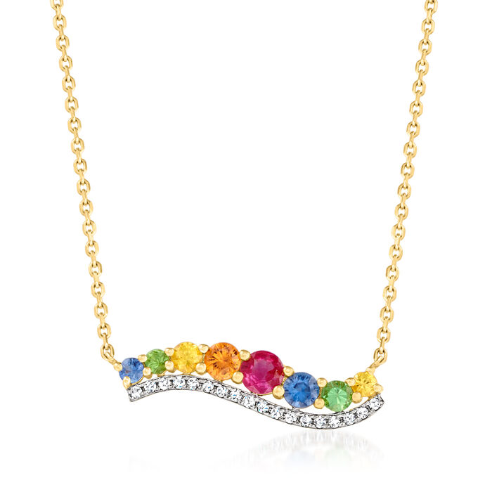 .40 ct. t.w. Multicolored Sapphire and .10 ct. t.w. Tsavorite Curve Necklace with Diamond Accents in 14kt Yellow Gold