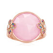 Pink Opal and .24 ct. t.w. Multicolored Sapphire Floral Ring with White Zircon Accents in 18kt Rose Gold Over Sterling