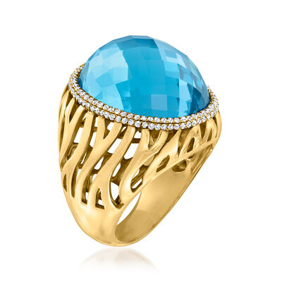 20.00 Carat Swiss Blue Topaz Doublet Ring with .37 ct. t.w. Diamonds in 14kt Yellow Gold