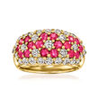 C. 1980 Vintage 1.51 ct. t.w. Diamond and 1.45 ct. t.w. Ruby Flower Dome Ring in 18kt Yellow Gold