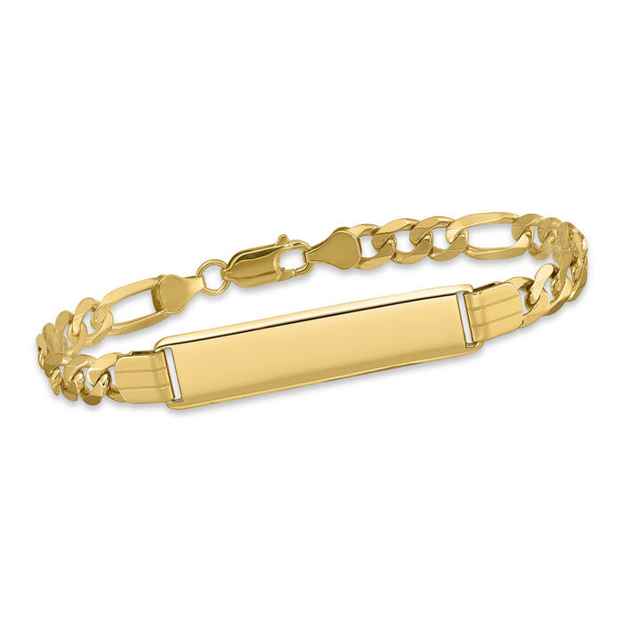 Men's 14kt Yellow Gold Three-Initial Flat Figaro-Link ID Bracelet. 8&quot;