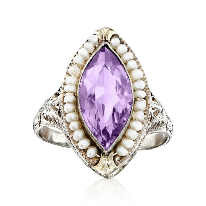 C. 1950 Vintage 2.75 Carat Amethyst and Seed Pearl Navette Ring in 14kt White Gold