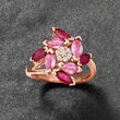 2.00 ct. t.w. Pink Sapphire and 1.60 ct. t.w. Ruby Flower Ring with .14 ct. t.w. Diamonds in 14kt Rose Gold