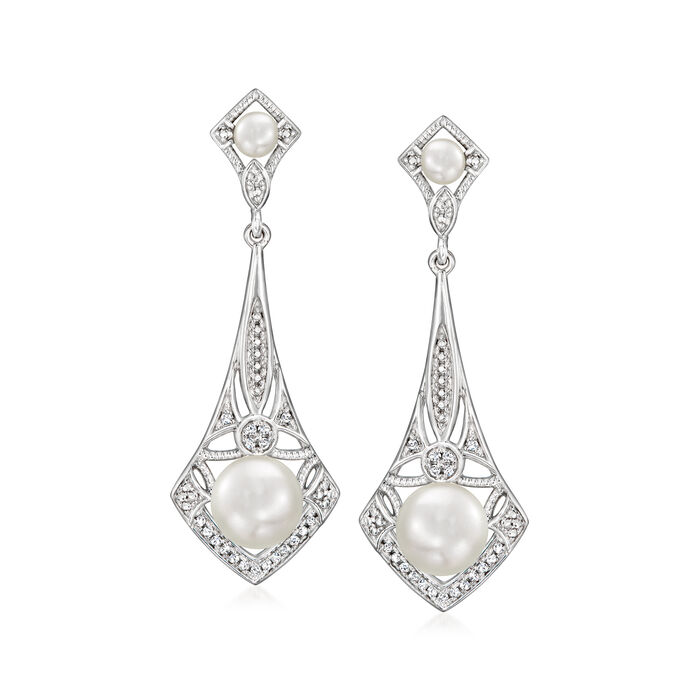 3.5-7.5mm Cultured Pearl and .11 ct. t.w. Diamond Vintage-Style Drop Earrings in Sterling Silver