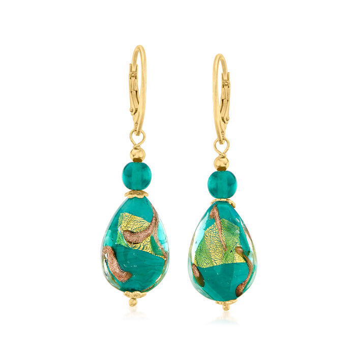 Italian Green and Goldtone Murano Glass Drop Earrings in 18kt Gold Over Sterling