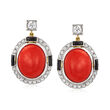 C. 1950 Vintage Red Coral, Black Onyx and .85 ct. t.w. Diamond Drop Earrings in Platinum and 14kt Yellow Gold