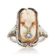 C. 1950 Vintage Diamond-Accented Onyx and Brown Shell Cameo Flip Ring in 14kt White Gold