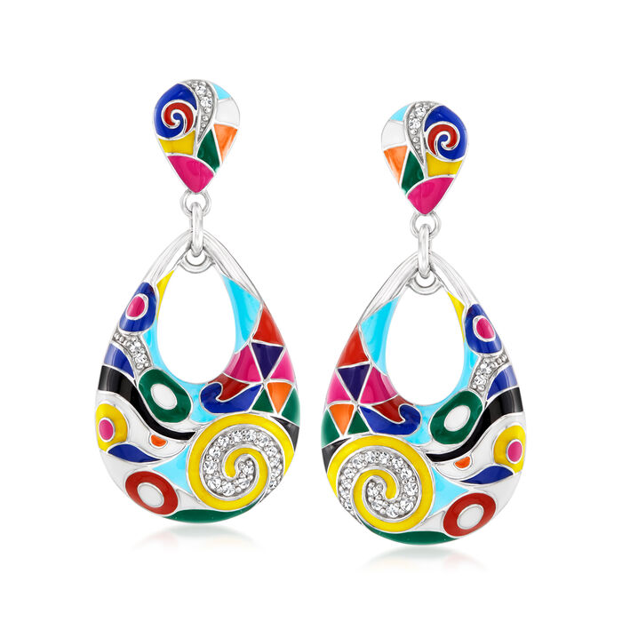 Belle Etoile &quot;Viva&quot; Multicolored Enamel and .10 ct. t.w. CZ Drop Earrings in Sterling Silver
