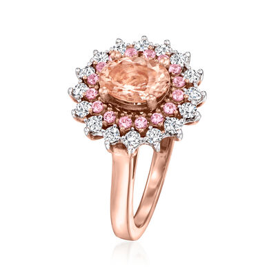 1.10 Carat Morganite Ring with .49 ct. t.w. Diamonds and .40 ct. t.w. Pink Sapphires in 14kt Rose Gold