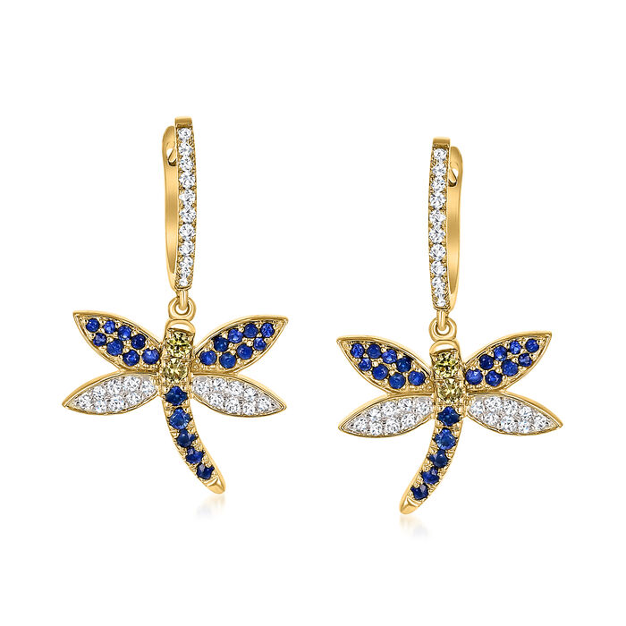 .40 ct. t.w. Multicolored Sapphire and .29 ct. t.w. Diamond Dragonfly Hoop Drop Earrings in 14kt Yellow Gold