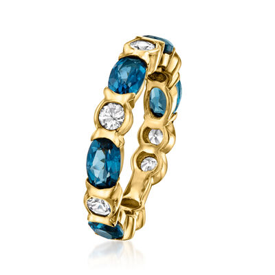 2.90 ct. t.w. London Blue Topaz and 1.30 ct. t.w. White Zircon Eternity Band in 18kt Gold Over Sterling