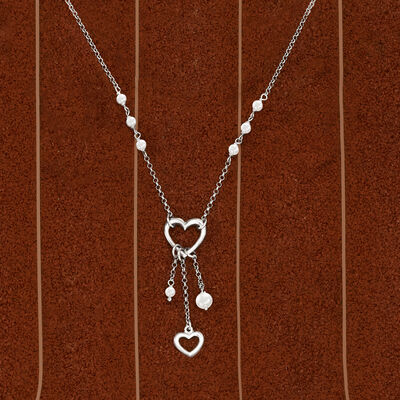 Italian 3.5-6.5mm Cultured Pearl Station Heart Drop Necklace in Sterling Silver