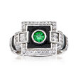 .23 Carat Simulated Emerald and .65 ct. t.w. CZ Art Deco-Style Ring with Black Enamel in Sterling Silver