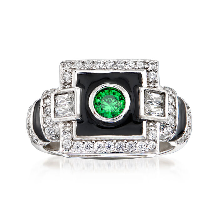 .23 Carat Simulated Emerald and .65 ct. t.w. CZ Art Deco-Style Ring with Black Enamel in Sterling Silver