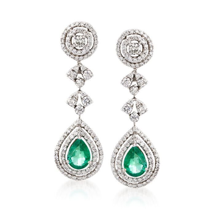 2.50 ct. t.w. Emerald and 2.50 ct. t.w. Diamond Drop Earrings in 18kt White Gold