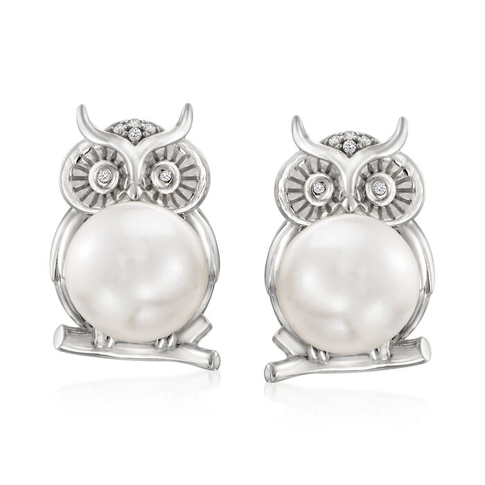 8-8.5mm Cultured Pearl Owl Earrings with Diamond Accents in Sterling Silver