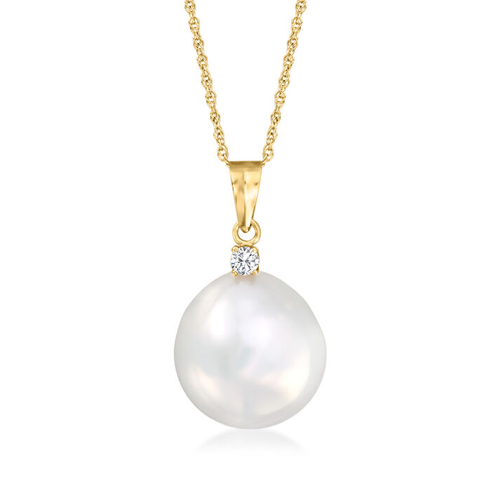12-13mm Cultured Pearl Pendant Necklace with Diamond Accent in 14kt Yellow Gold