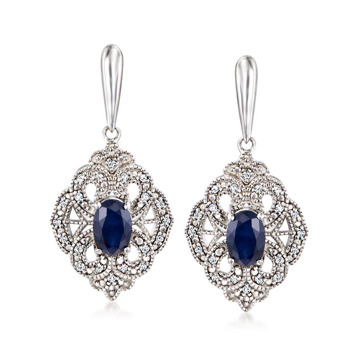 1.40 ct. t.w. Sapphire and .11 ct. t.w. Diamond Milgrain Drop Earrings in Sterling Silver