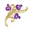C. 1980 Vintage 11.20 ct. t.w. Amethyst and .20 ct. t.w. Diamond Floral Pin in 14kt Yellow Gold