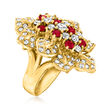 C. 1990 Vintage 2.00 ct. t.w. Diamond and .98 ct. t.w. Ruby Flower Cluster Ring in 18kt Yellow Gold