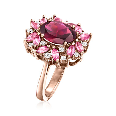 3.50 Carat Rhodolite Garnet, 1.00 ct. t.w. Pink Tourmaline and .25 ct. t.w. Diamond Ring in 14kt Rose Gold