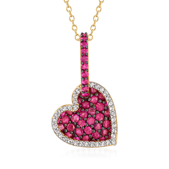 2.30 ct. t.w. Ruby and .35 ct. t.w. White Zircon Double-Heart Pendant Necklace in 18kt Gold Over Sterling