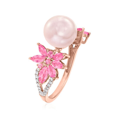 9-9.5mm Pink Cultured Pearl Ring with .93 ct. t.w. Pink Sapphires and .13 ct. t.w. Diamonds in 14kt Rose Gold