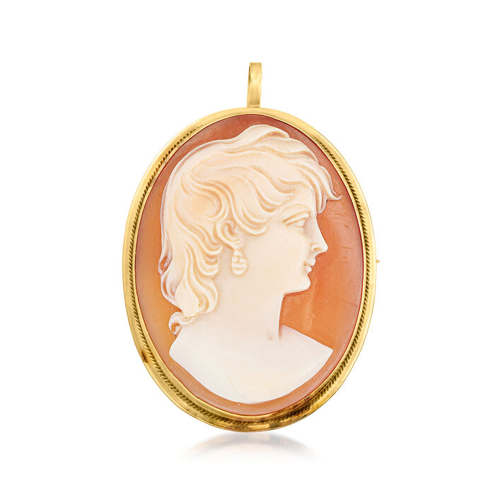 C. 1980 Vintage Brown Shell Cameo Pin/Pendant in 14kt Yellow Gold