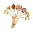 C. 1920 Vintage Cultured Pearl, .10 ct. t.w. Diamond and Multi-Gemstone Bouquet Pin with Multicolored Enamel in 10kt Yellow Gold