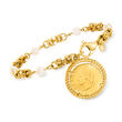Italian 6mm Cultured Pearl and Replica Lira Coin Byzantine Bracelet in 18kt Gold Over Sterling 