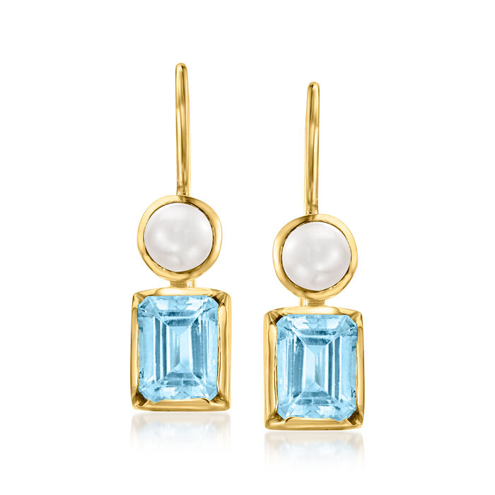 5mm Cultured Pearl and 4.20 ct. t.w. Sky Blue Topaz Drop Earrings in 18kt Gold Over Sterling
