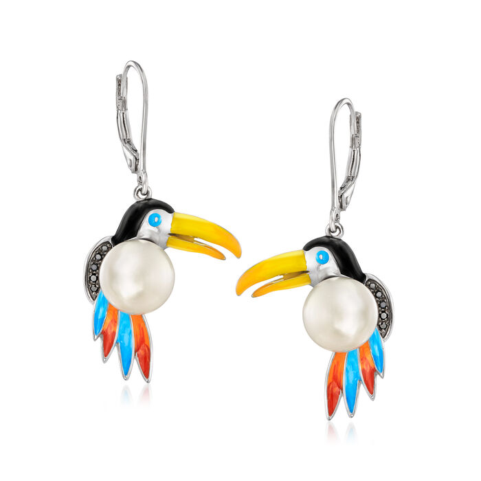 Multicolored Enamel and 8.5-9mm Cultured Pearl Toucan Drop Earrings with Black Diamond Accents in Sterling Silver