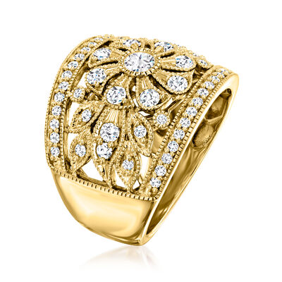 1.00 ct. t.w. Diamond Floral Milgrain Ring in 18kt Gold Over Sterling