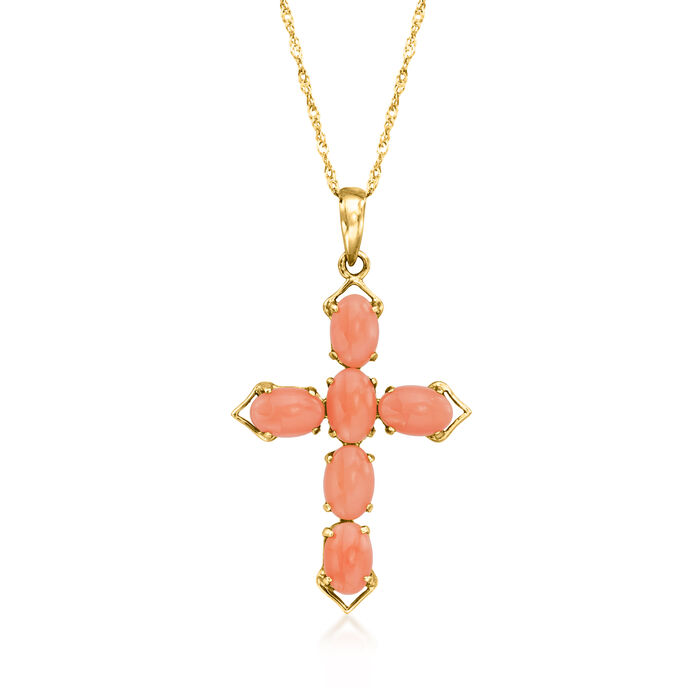 Pink Coral Cross Pendant Necklace in 14kt Yellow Gold